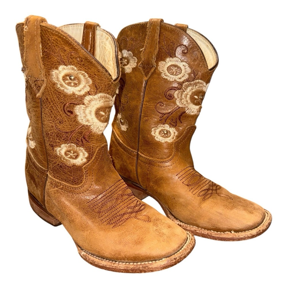 Girls Brown Leather Flower Embroidered Square Toe Boots Mex 20 US 13 Youth Kids
